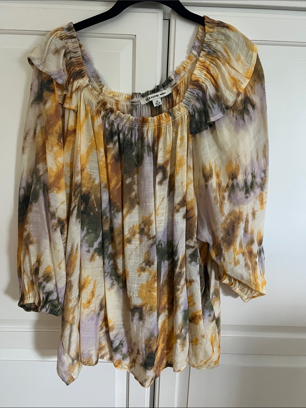 Zac & Rachel Woman On or Off-Shoulder Watercolor Tie-Dye Blouse in Mustard